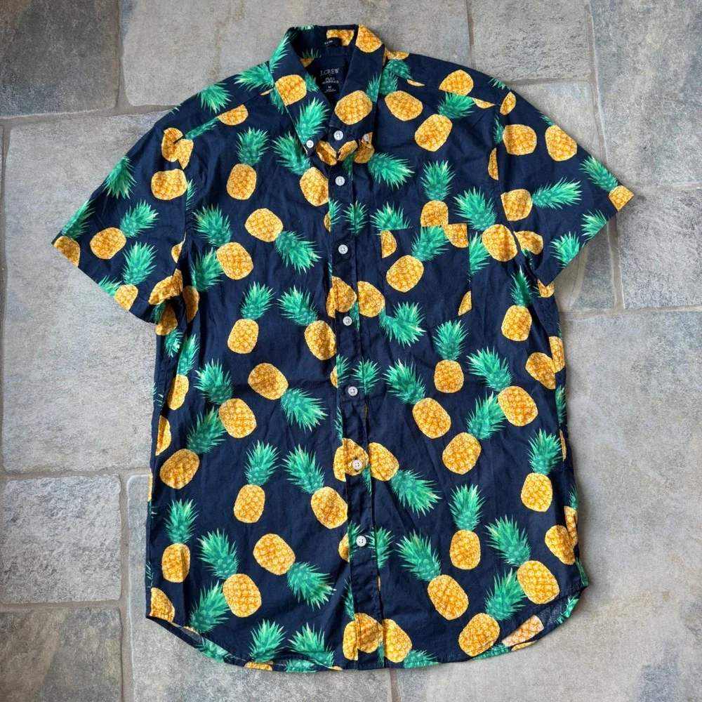 J.Crew Slim Flex Pineapple Print Short Sleeve Shirt Navy Men's‎ M Casual Summer